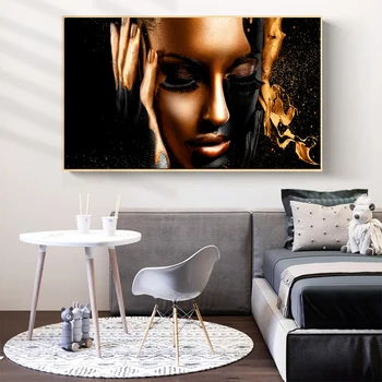 MUTU Africa Neagră Femei Panza Pictura Poze de Perete Pentru Camera de zi Postere si Printuri de Culoare Aurie Figura Art Decor