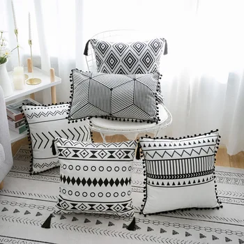[MUZE-U] Bohemia negru & alb geometrice catifea pernele de acoperire 45*45 30*50 mingea ciucure acasă de pernă față de pernă scaun de birou