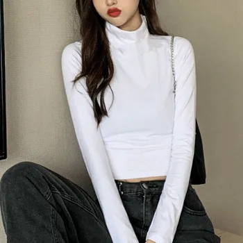 Mânecă lungă T-shirt Femei Plus de Catifea Groasă Guler Stil coreean Toate-meci de Bază Casual, Simplu, Cald Topuri Chic Elastic Subțire