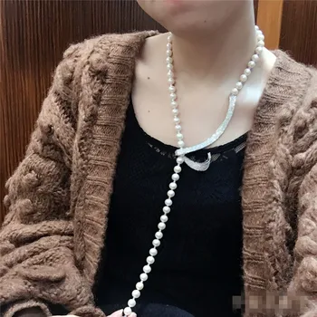 Mână înnodate 8-9mm natural alb de apă dulce pearl colier lung lanț pulover moda bijuterii