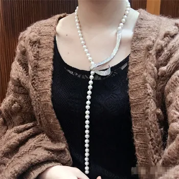 Mână înnodate 8-9mm natural alb de apă dulce pearl colier lung lanț pulover moda bijuterii