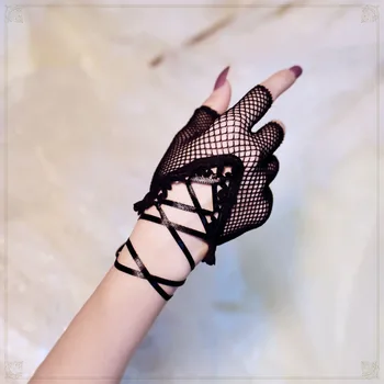 Mănuși de Dantelă Neagră Până Deget și Jumătate Lolita Gol Plasă de Pescuit Steampunk Gotic Manusa Rece Fata cu Ceai de Partid Accesorios