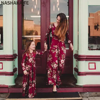 NASHAKAITE Mama și fiica dress Vin Floral Partid Rochie Lungă, Mama Fiica Rochii Mama și fiica de potrivire haine