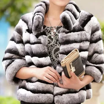 Naturale chinchilla Iepure Rex real haină de blană pentru femei jacheta palton scurt stand cu dungi guler îmbrăcăminte exterioară 2019 îmbrăcăminte de iarnă