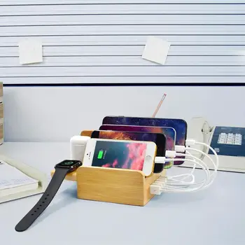 Naturale de Bambus, Lemn Stație de Încărcare USB Încărcător Rapid Stația de Birou 6-Port Organizator Suport Stand Pentru a Viziona Airpods Telefon Tableta