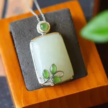Naturale Hetian jad alb geometrică Colier Pandantiv Chineză retro unic de designer craft farmec bijuterii pentru femei