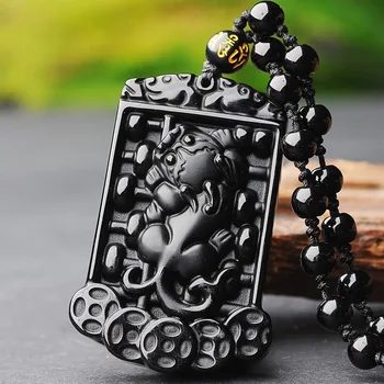 Naturale Obsidian Negru Bani Pixiu Colier Pandantiv Jad Chinezesc Sculptat de Mână Moda Bijuterii Accesorii Amuleta pentru Barbati Femei