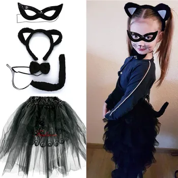 Negru Copii Fete de Crăciun Costum de Halloween pentru Femei, Copii, Animale Ureche de Pisica Bentita Lega Coada Ochiului Purta Costum de Crăciun