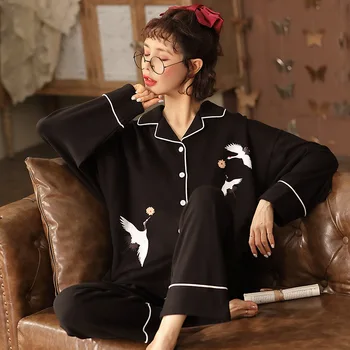 Negru de Bumbac femeii Sleepwear Primăvara Iarna Set Pijama cu Maneci Lungi Haine de Acasă în Pijama Femme pijama Lounge Porți de Mari Dimensiuni XXXL