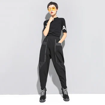 Negru De Înaltă Talie Pantaloni Harem Pentru Femei Buzunar Cu Fermoar Moda Vrac Casual, Talie Elastic Pantaloni Femei Streetwear Primavara Toamna Anului 2021
