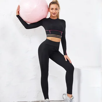 Negru fără Sudură Yoga Set pentru Femei cusaturi de contrast trening Sport sală de Gimnastică Antrenament Jambiere si Top Yoga Costum de Formare Strâns Purta