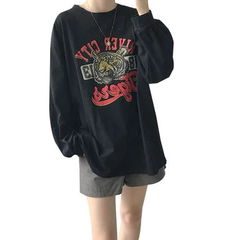 Negru Lung Streetwear Femeie T-shirt Toamna Femei Casual Supradimensionat Tricou Harajuku Maneca Lunga de Desene animate Amuzante Femei T-Shirt