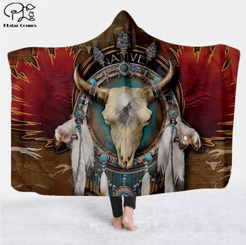 Negru Nativ Indian Lakota Craniu de bivol soldat cu Gluga Pătură 3D completă de imprimare Portabil Pătură Adulți Copii stil-6