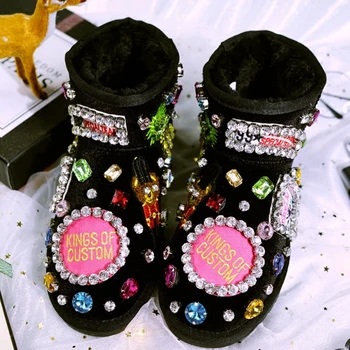 Negru Pantofi De Iarna Femeie Cristale Strălucitoare Blană Cald Plat Cizme De Zapada 2018 Manual Bling Pietre De Glezna Cizme Pentru Femei De Dimensiuni Mari
