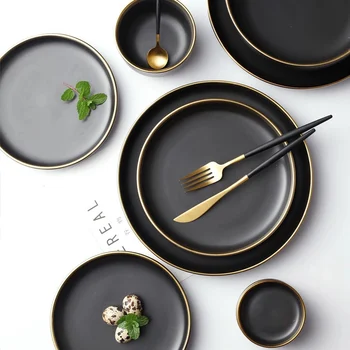 Negru Plăci de Porțelan pentru Alimente Aur Nordic Inlay Ceramic Tacamuri Cină Set Placă Plană pentru Restaurant Paste Placa de Feluri de mâncare