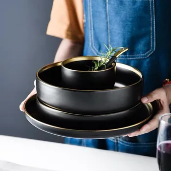 Negru Plăci de Porțelan pentru Alimente Aur Nordic Inlay Ceramic Tacamuri Cină Set Placă Plană pentru Restaurant Paste Placa de Feluri de mâncare