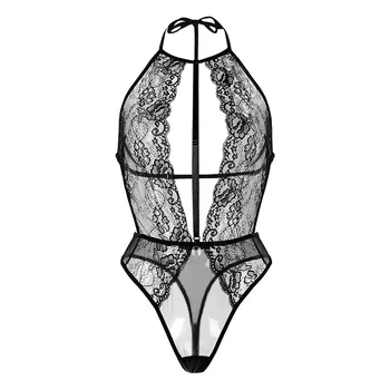 Negru sexy femei dantelă gol poate deschide salopeta sexy perspectivă sleepwear Agățat de gât bodysuit