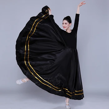Negru Tradițional de Flamenco spaniol Fusta Gypsy Femei Costum de Dans cu Dungi din Satin Neted Leagăn Mare Fuste Burta Haine DL5156