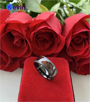 Negru Tungsten Trupa de Nunta Lemn Ring Pentru Bărbați Și Femei Dom Bandă Perie Finisaj Negru Cu Încrustații de Lemn 8MM Comfort Fit
