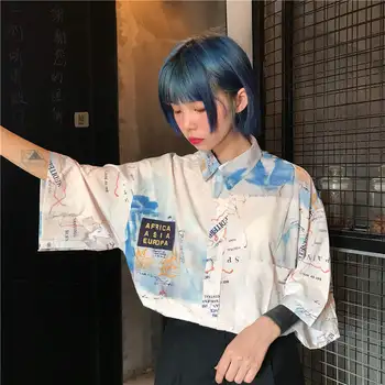 Neploe Harajuku Streetwear Bluza Tricou 2020 Maneca Scurta Guler de Turn-down de Sus tipar Digital Femeie Bărbat Supradimensionate Tricouri 37776