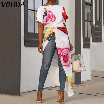 Neregulate Tricouri Femei'Tunic Maneci Scurte Florale Imprimate Topuri Lungi 2021 VONDA Plus Dimensiune Bluza de Vara Boem Petrecere Blusas