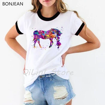 New sosire 2019 Amuzant tricou acuarelă băiețel și cal de imprimare tricou femme fată drăguță casual alb t-shirt femei top