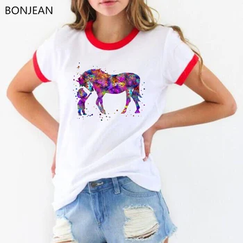 New sosire 2019 Amuzant tricou acuarelă băiețel și cal de imprimare tricou femme fată drăguță casual alb t-shirt femei top
