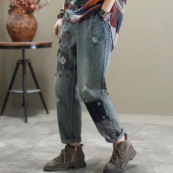New Sosire 2020 Primăvară Coreea Moda Femei Vrac Casual, Din Bumbac Denim Pantaloni Harem Broderii Vintage Jeans Plus Size S598