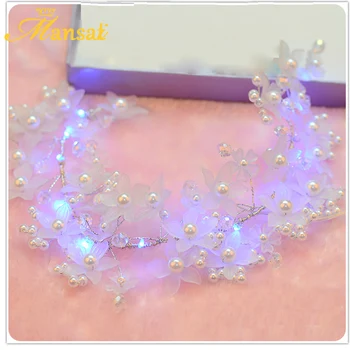 New Sosire Bentita Stralucitoare Pentru Femei LED-uri Lumina de Păr Floare Glitter Handmade Perle Simulate Coroana de Mireasă Bijuterii de Păr SG051