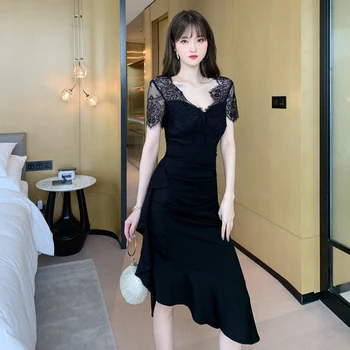 New sosire moda bodycon rochie de petrecere femei elegante de vara temperament birou doamnă dantela perspectivă negru rochie asimetrica