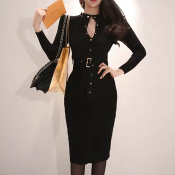 New sosire Pista coreean Toamna Femei Subțire Rochie de Tricotat Butoane cu Centură Teaca Bodycon OL Elegant high end rochii Vestido