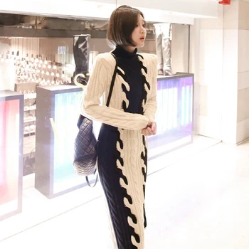 New sosire Pista de iarna coreean sexy de culoare mozaic bottom Rochie Tricot de înaltă calitate pulover rochie Bodycon Rochii Tricotate vestidos