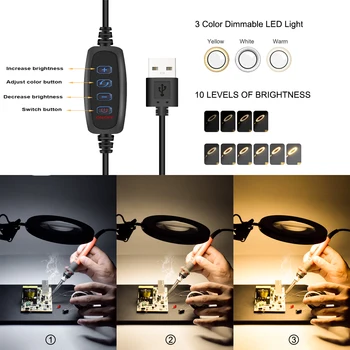 NEWACALOX 5X Lupa Lampa LED USB 3 Culori Reglabile Negru de Fier Placă de Sudare Lipit de Reparații de Iluminare