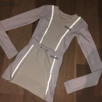 Nibber moda Reflectorizante mozaic sport 2piese seturi femme 2019new alb tricotat bluze femei tee mini tricouri fuste costume