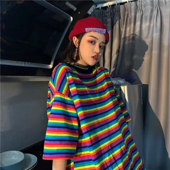 NiceMix 2020 Streetwear Vara Japonez Harajuku cu Dungi T Shirt Femei Casual Curcubeu tricouri Prieteni Epocă Topuri Blusas Camis