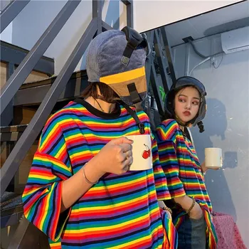 NiceMix 2020 Streetwear Vara Japonez Harajuku cu Dungi T Shirt Femei Casual Curcubeu tricouri Prieteni Epocă Topuri Blusas Camis