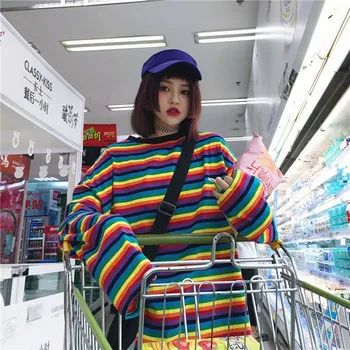 NiceMix de Moda de Îmbrăcăminte pentru Femei Coreea Dulce Curcubeu Topuri cu Dungi loose ulzzang harajuku Teuri Toamna anului Nou, O-neck maneca lunga T-Sh