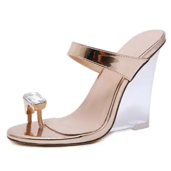 NIUFUNI Clip Toe Stras Plus Dimensiunea Femei Papuci de Cristal Transparent Pană Tocuri inalte Doamnelor Slide-uri Casual Pantofi pentru Femei