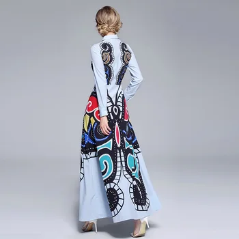 Noi 2019 Cad Designer Pista Rochie Lady Bow Centura Vintage Print de Turn-down Guler Maneca Lunga Femei Subțire Etaj Lungime Rochie Maxi