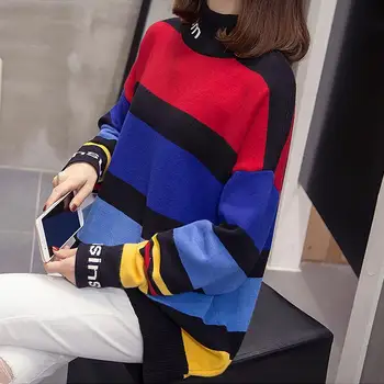Noi 2020 Toamna Iarna pulover pentru femei, casual, de Stradă de tricotat Pulovere Largi Plus dimensiune cu dungi cu maneci lungi Stil coreean Topuri
