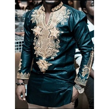 Noi 2021 Moda Africană pentru Bărbați T-shirt Bogat Bazin de Imprimare Topuri Rochie Camasa cu Maneci Lungi pentru Afro-Rochii de Om Haine Casual
