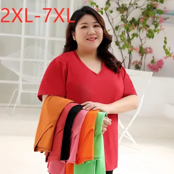 Noi 2021 stil Coreea vară plus dimensiune topuri pentru femei mare libertate maneca scurta din bumbac rosu V gât T-shirt 3XL 4XL 5XL 6XL 7XL