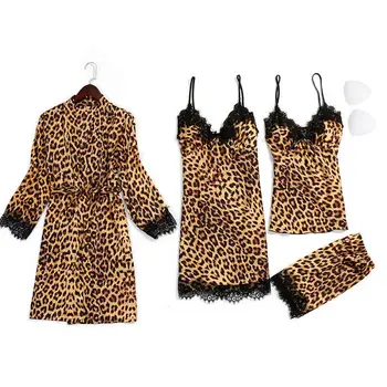 Noi 4BUC Femei Set Dantela de Matase Satin Sleepwear Lady Sexy Leopard Cămașă de noapte, Pijamale Haina Plus Dimensiune 2019