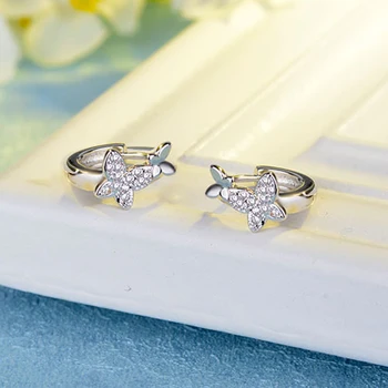 Noi Argint 925 Dublu Fluture de Cristal Austriac Piatra Hoop Cercei pentru Femei Mireasa Nunta Propune Cercel Bijuterii