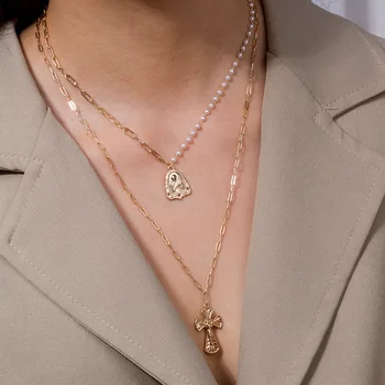 Noi Boem Multi strat Cruce Șirag de mărgele Colier de Perle Pentru Femei Monedă de Aur de Cristal Cravată Lungă Declarație de Bijuterii Picătură de transport maritim în 2020