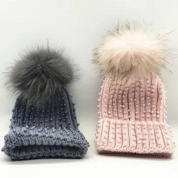 Noi de iarna cu margele Perla Tricotate capac beanie pentru Femei casual real vulpe blană de raton pom pom chelioși capac pălărie Pălărie Gorros