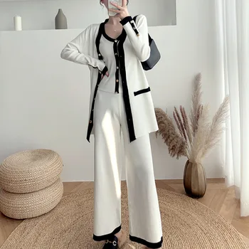 Noi De Toamna Pentru Femei 3 Piece Set-Coreean Vesta Eleganta Sus + Cardigan + Pantaloni Largi Set Costum Tricot Pulover Casual Tinuta Pentru Femei