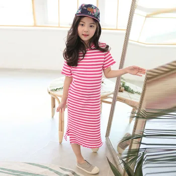 Noi de Vară 2020 Fete Mari Camasi Rochii de Întindere din coreea de Baby Stripe Dress Copii Mid Rochii Lungi Fete Adolescente Verde Roz T-shirt