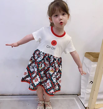Noi de Vară de înaltă calitate de moda pentru copii haine de fata din bumbac cu maneci Scurte cusaturi stil de brand scrisoare rochii fete cu flori 2-8 ani