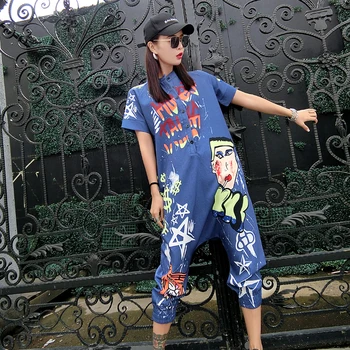 Noi Femeile Desene Graffiti Imprimare O Singură Bucată Salopete Mandarin Guler Maneca Scurta Salopeta Hip Hop Design Salopetă Cu Pantaloni Largi